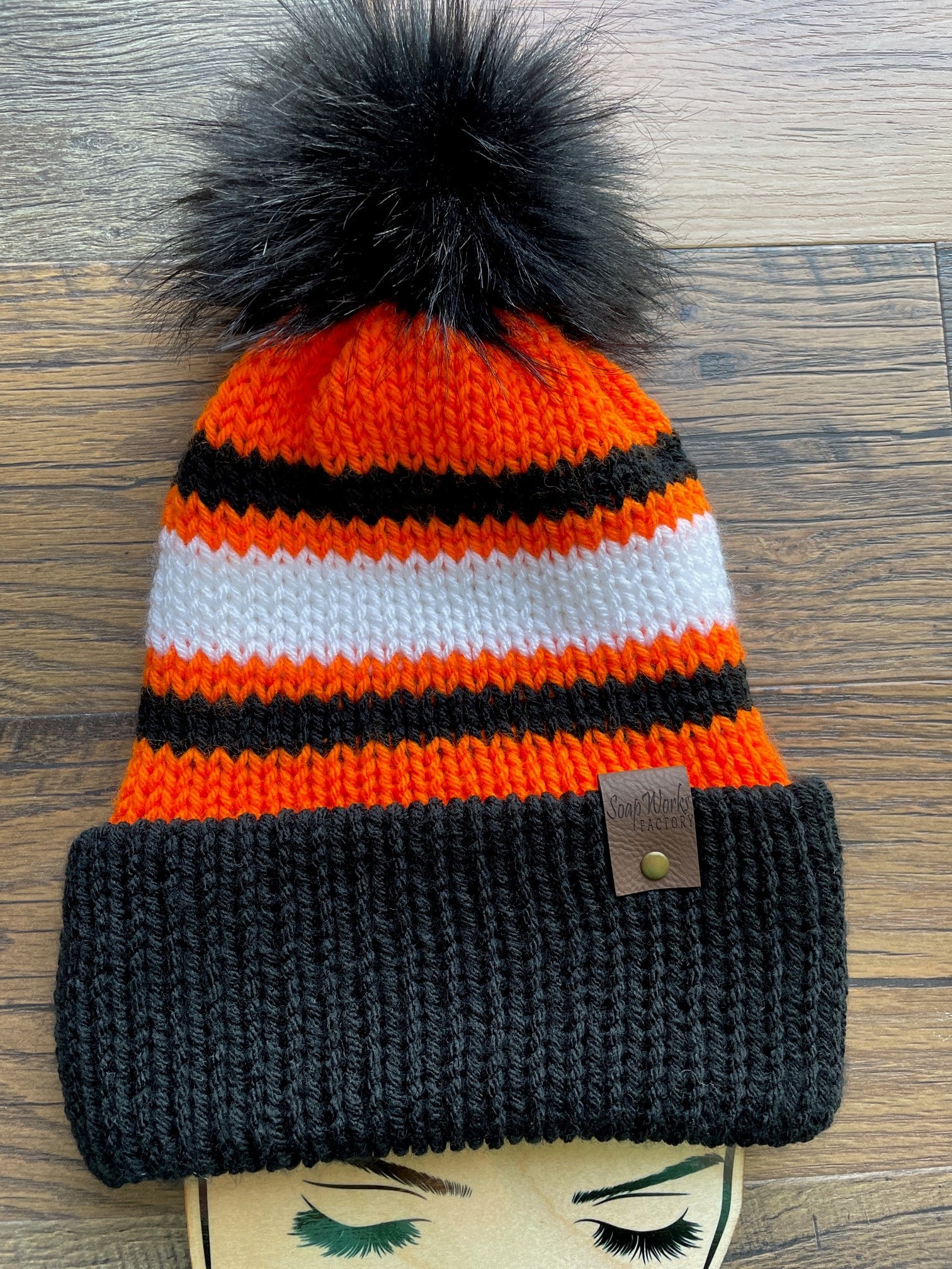 homemade knit hat orange and black
