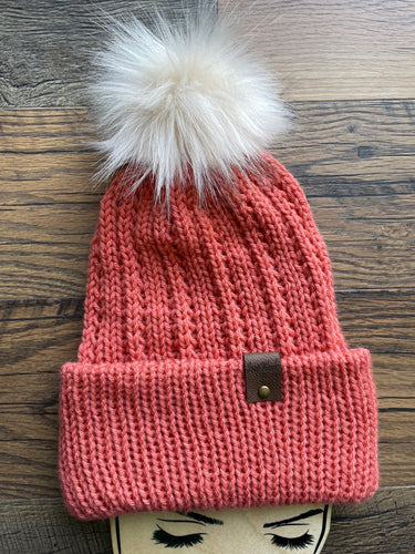 homemade knit hat coral