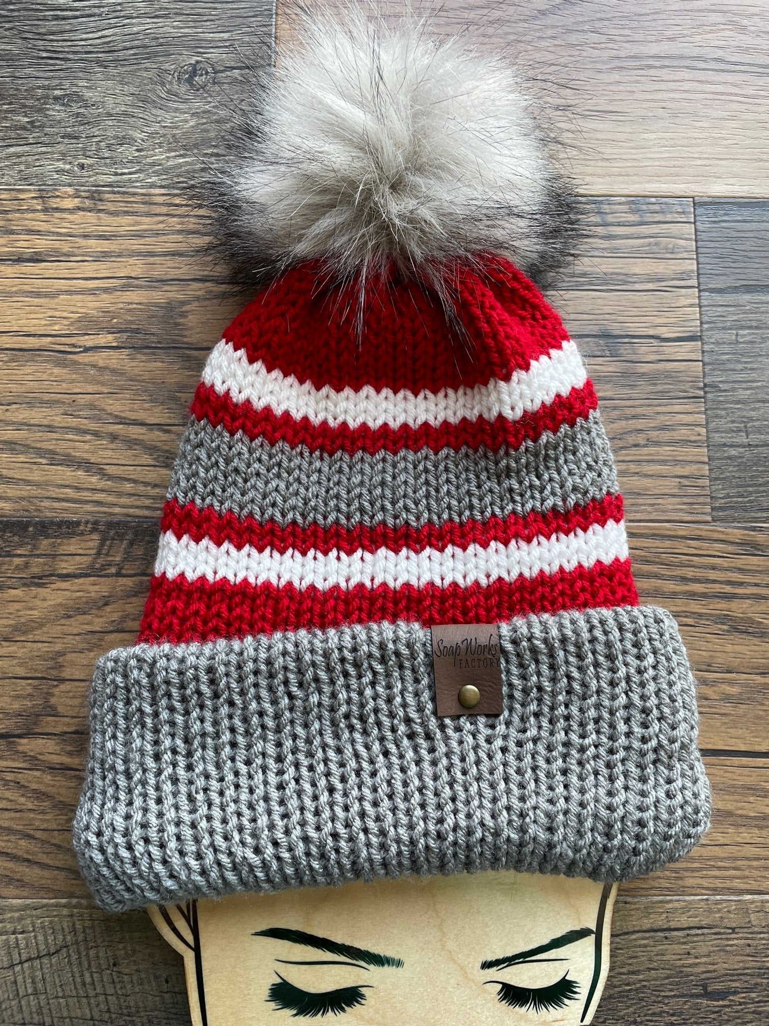 homemade knit hat scarlet and grey