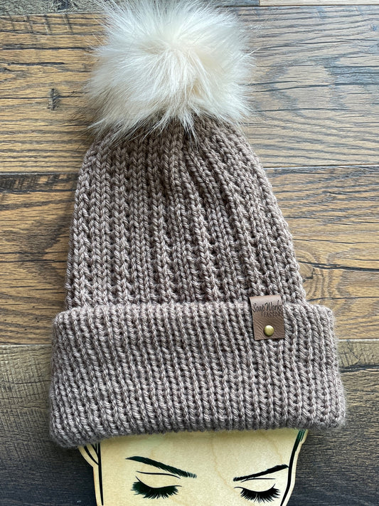 homemade knit hat taupe